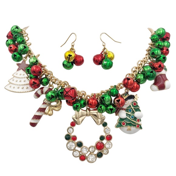 Christmas Theme Wreath Tree Snowman Jingle Bell Chunky Necklace Earrings Set - Picture 1 of 3